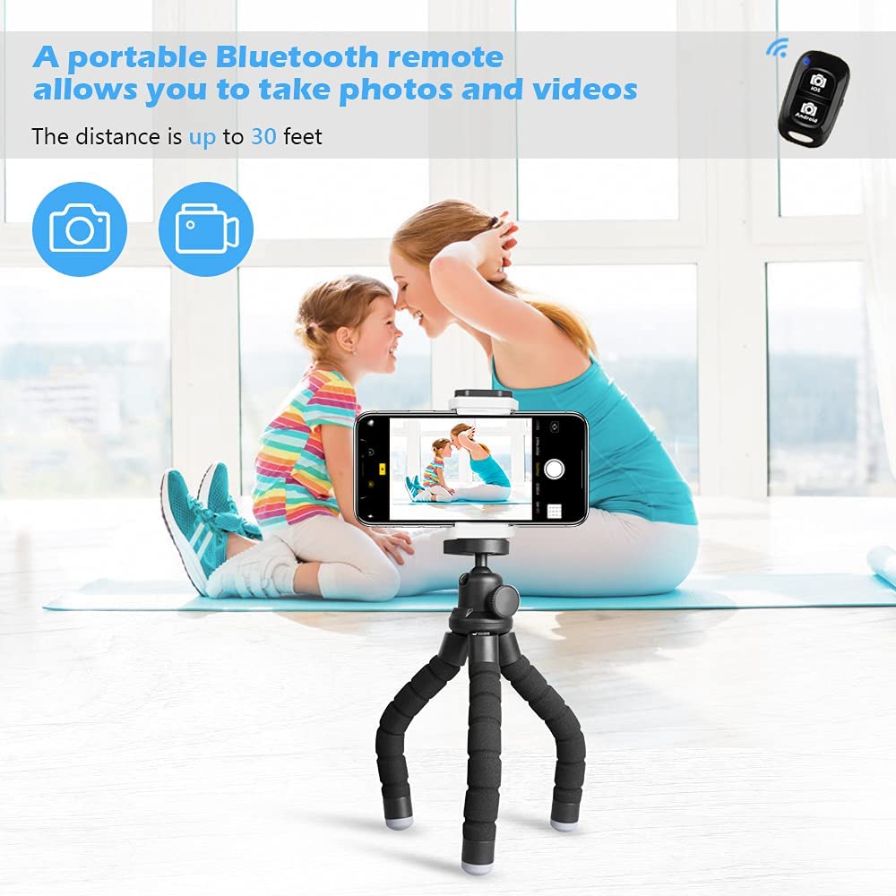 SUGIFT Phone Tripod, Portable and Flexible Tripod with Wireless Remote and Universal Clip, Cell Phone Tripod Stand for Video Recording (Black)