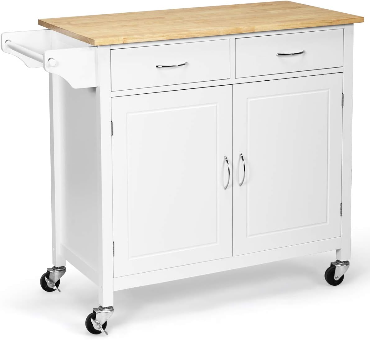 White Rolling Kitchen Cart with Towel Rack and Wood Table Top