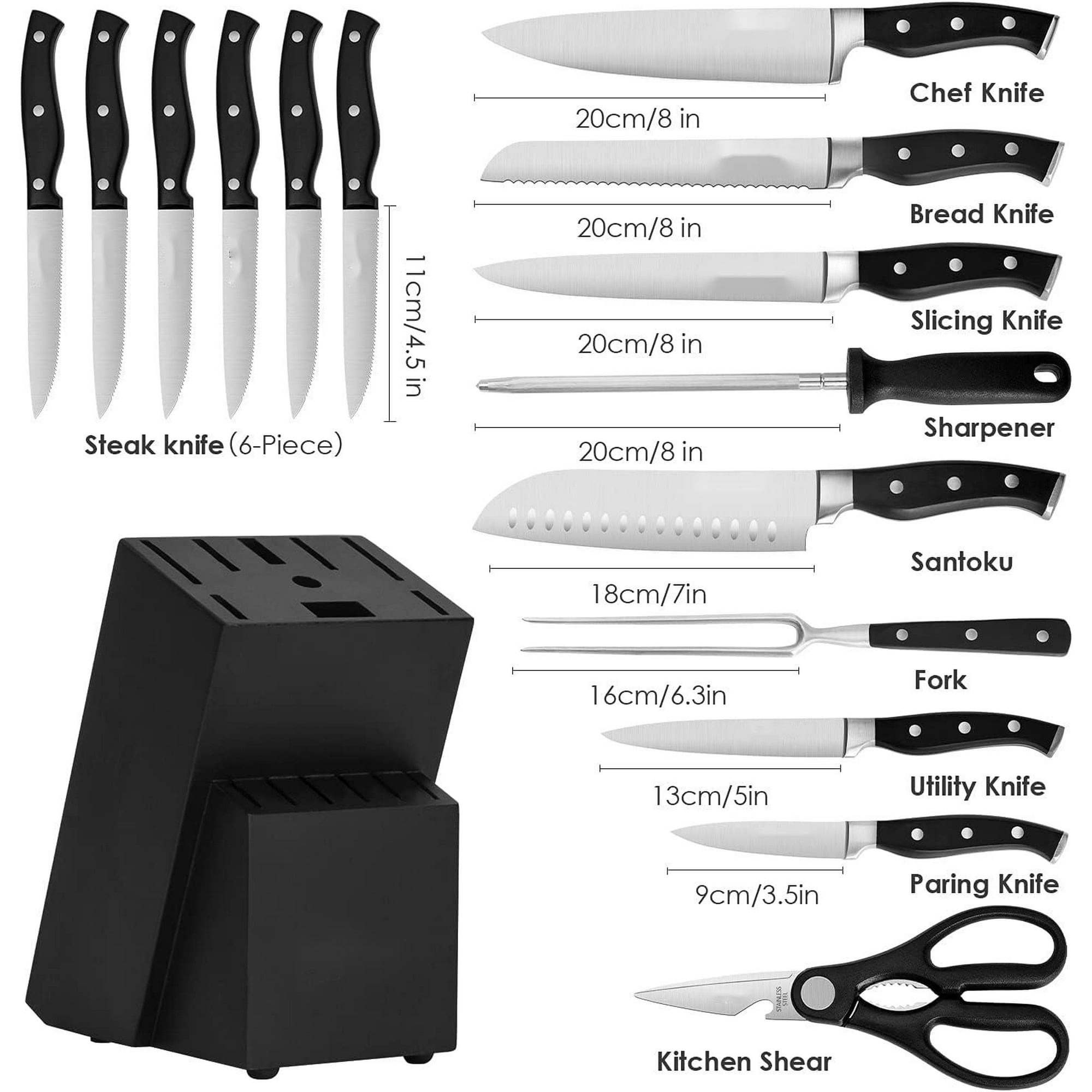 18 Piece Kitchen Knife Set with Block Wooden, Manual Sharpening for Chef Knife Set, German Stainless Steel