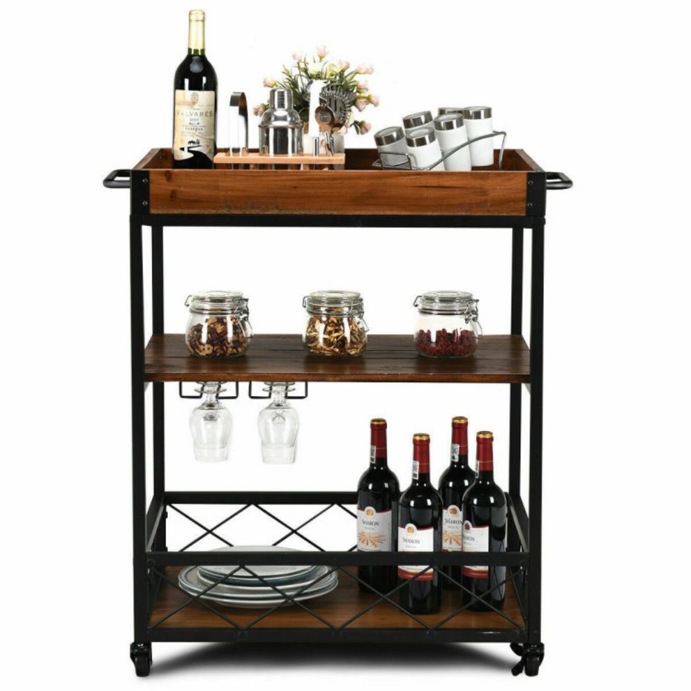 3-Tier Metal Brown Small Rolling Kitchen Cart Bar Serving Cart with Utility Shelf and Handle Racks