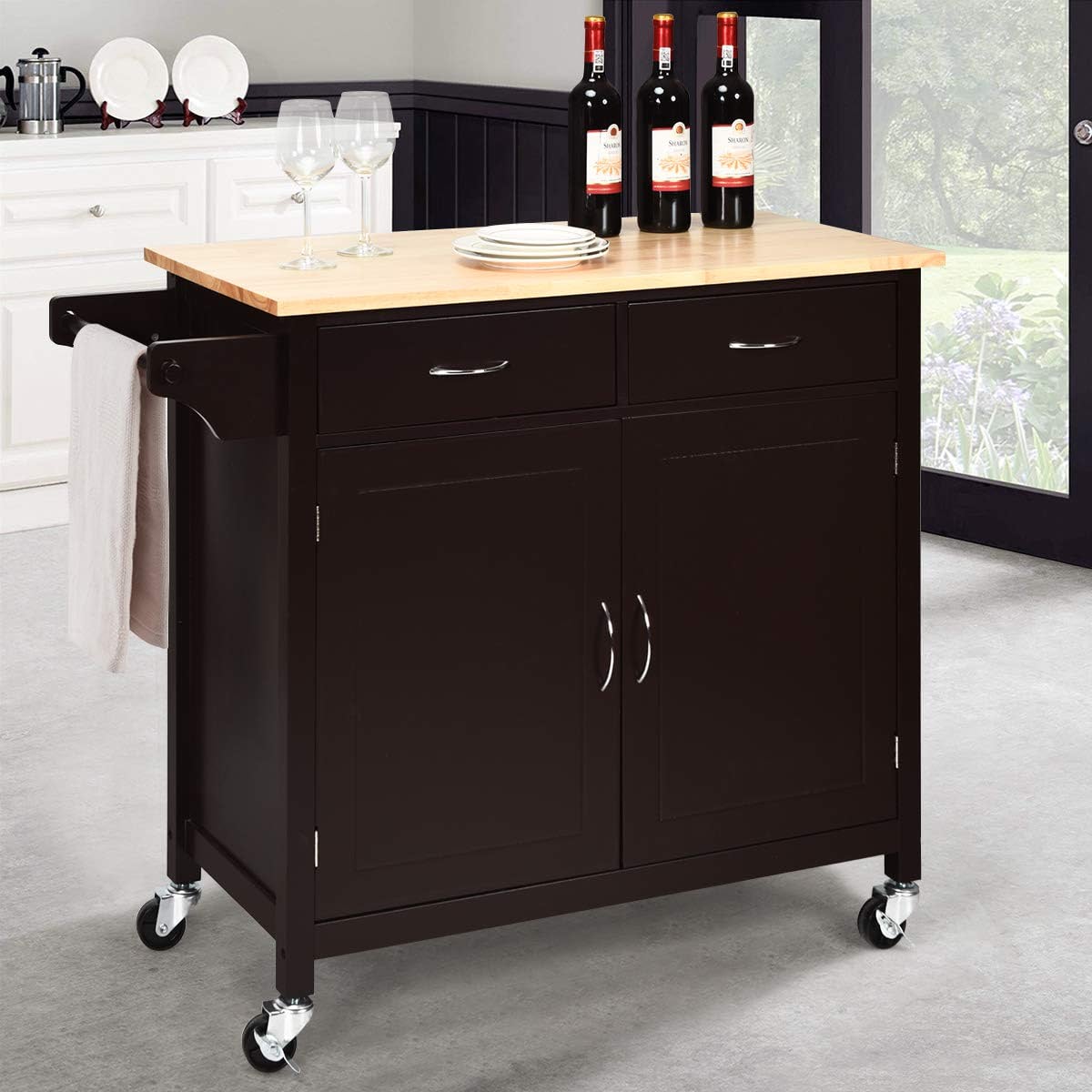 Brown Rolling Kitchen Cart with Towel Rack and Wood Table Top