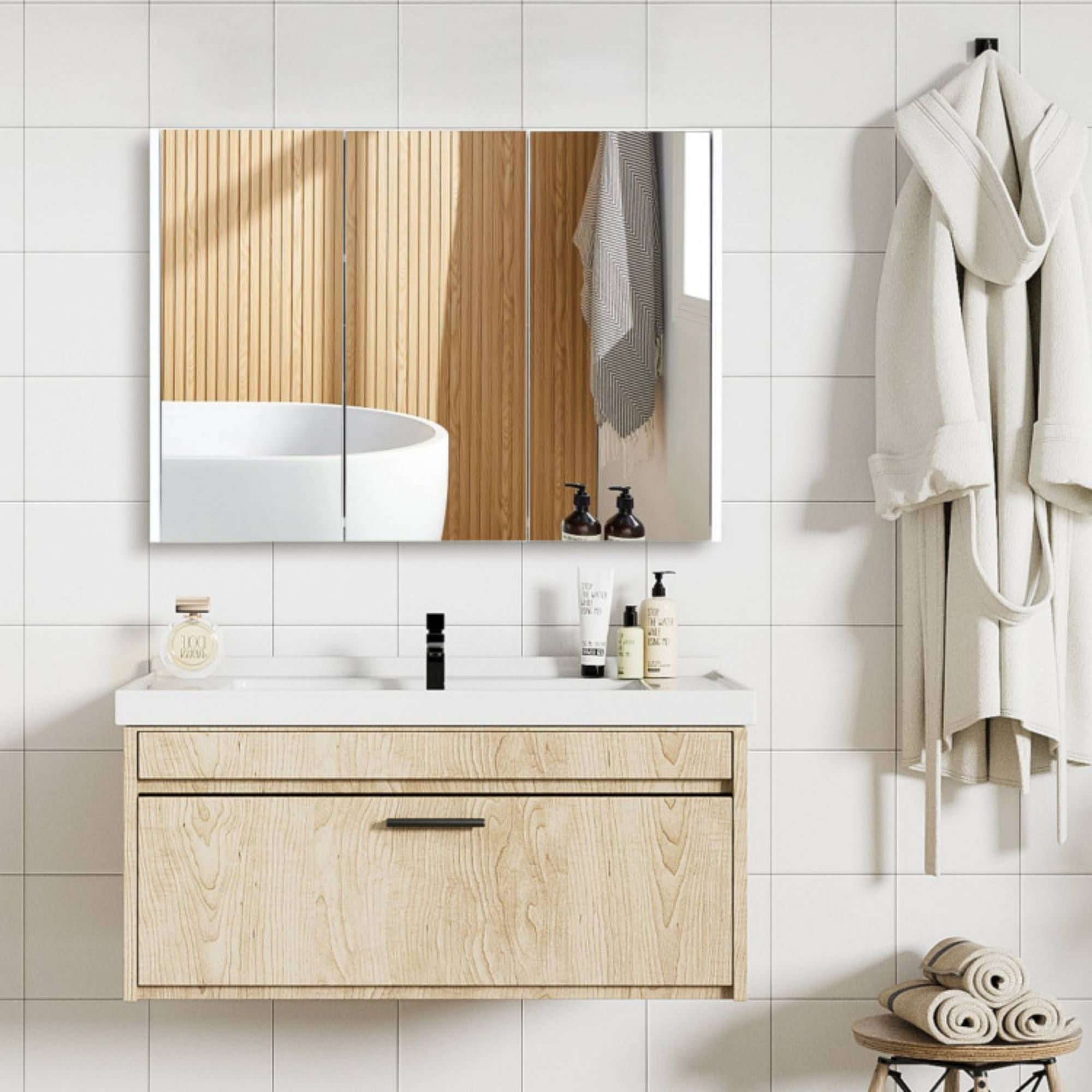 4.5 in. W x 36 in. D x 25.5 in. H White Bathroom Storage Wall Cabinet with Mirror and Adjustable Shelves