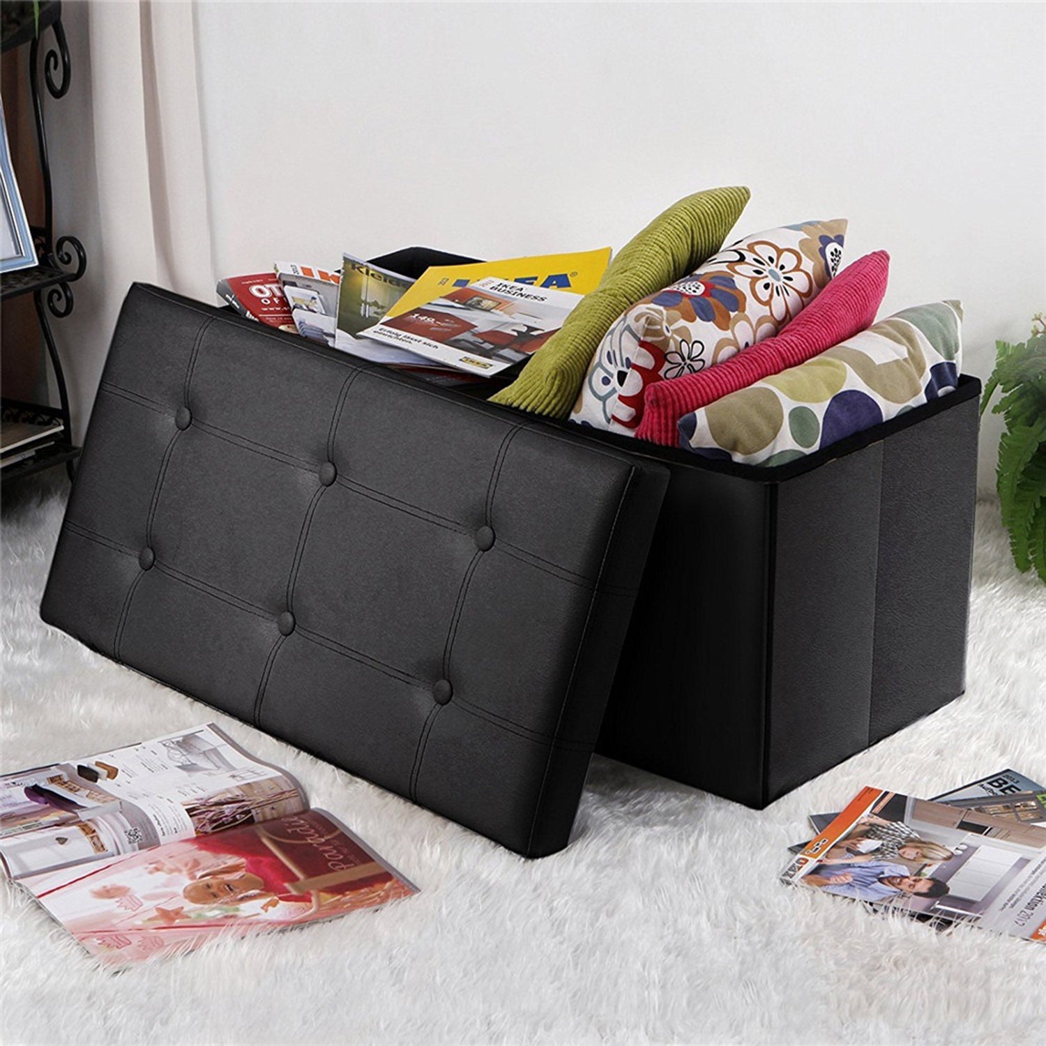 SUGIFT 30 x 15 x 15 inch footstool PU Material Black Footstool with Removable Cover