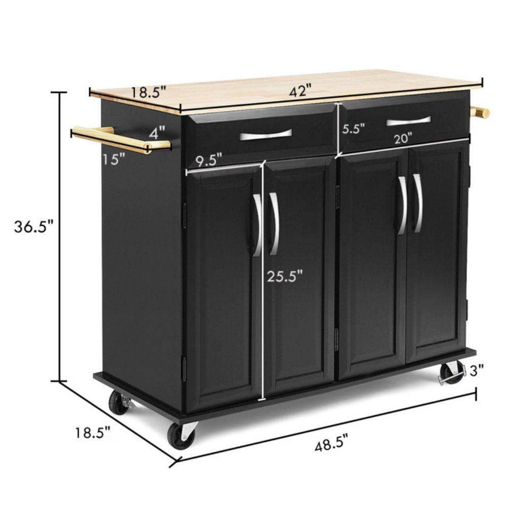 Black Rolling Kitchen Cart with Towel Rack and Wood Table Top