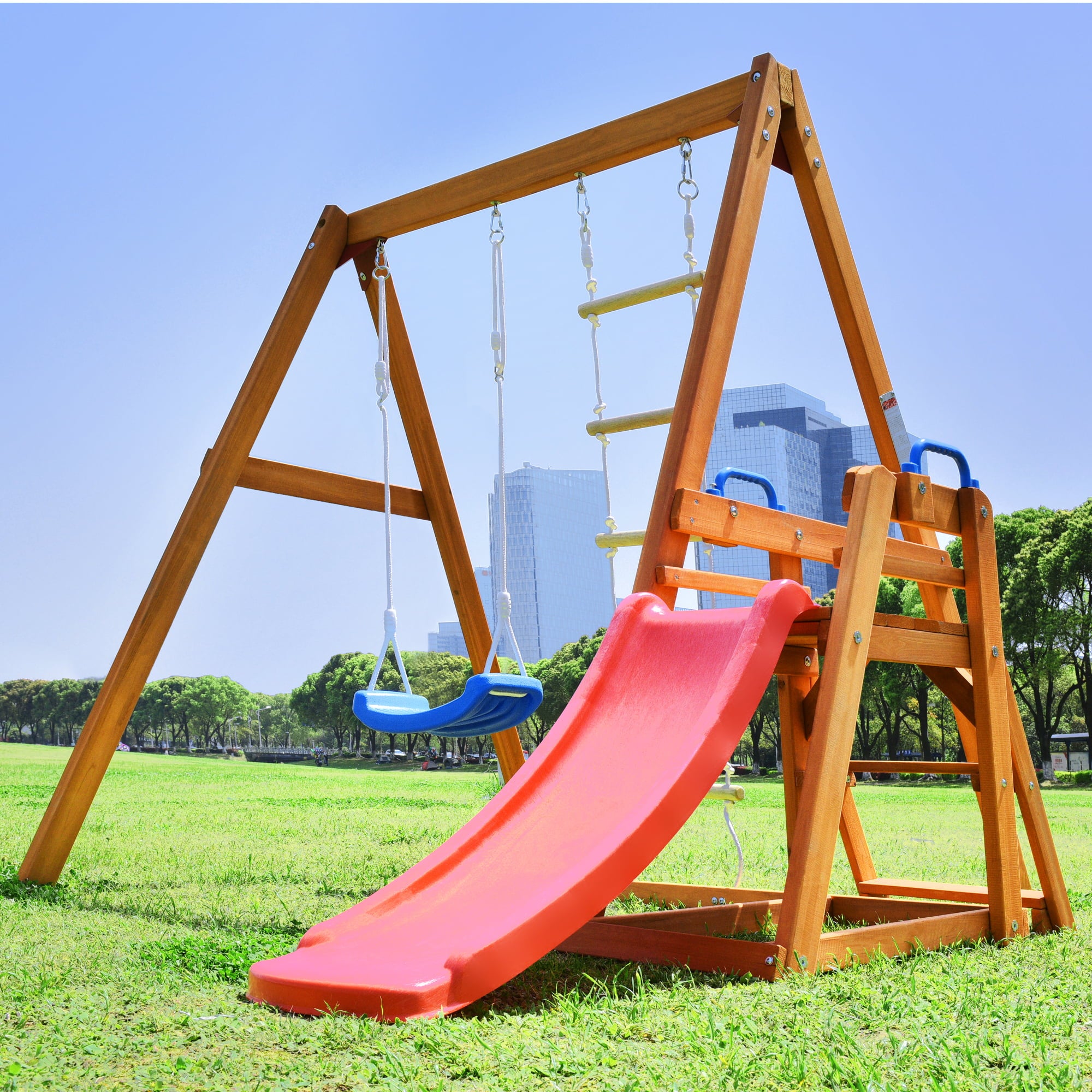 SUGIFT Wooden Swing Set with Slide Climb Swing Outdoor Play Structure for Toddlers Kids Wooden Swing-N-Slide Set Kids Climbers