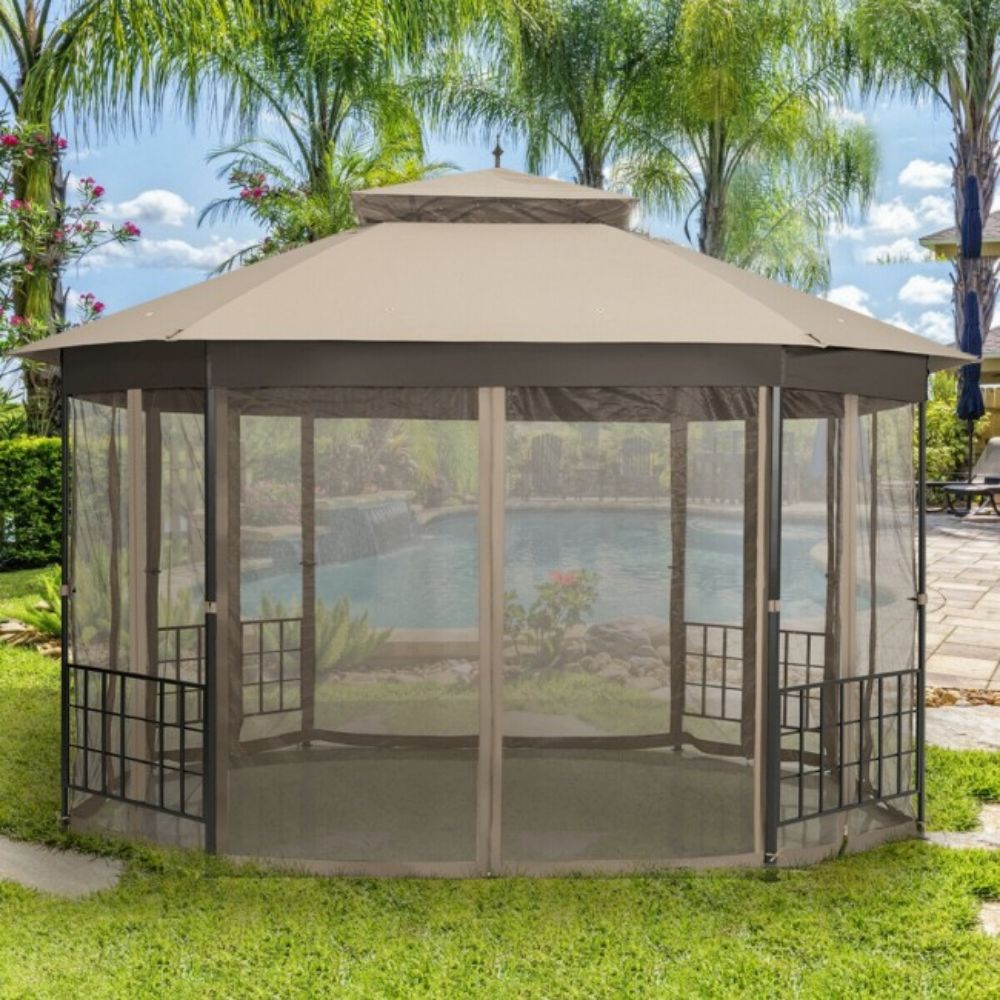 12 ft. x 10 ft. Brown Octagonal Patio Gazebo with Mosquito Net