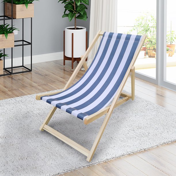 SUGIFT Beach Sling Chair, Lounge Striped Chair Outdoor, Reclining Beach Chair, Wooden Folding Adjustable Patio Chair, Blue