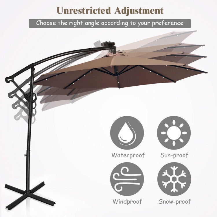 10 ft. 360-Degrees Rotation Aluminum Tilt Cantilever Patio Umbrella with LED Lights and Cross Base in Tan