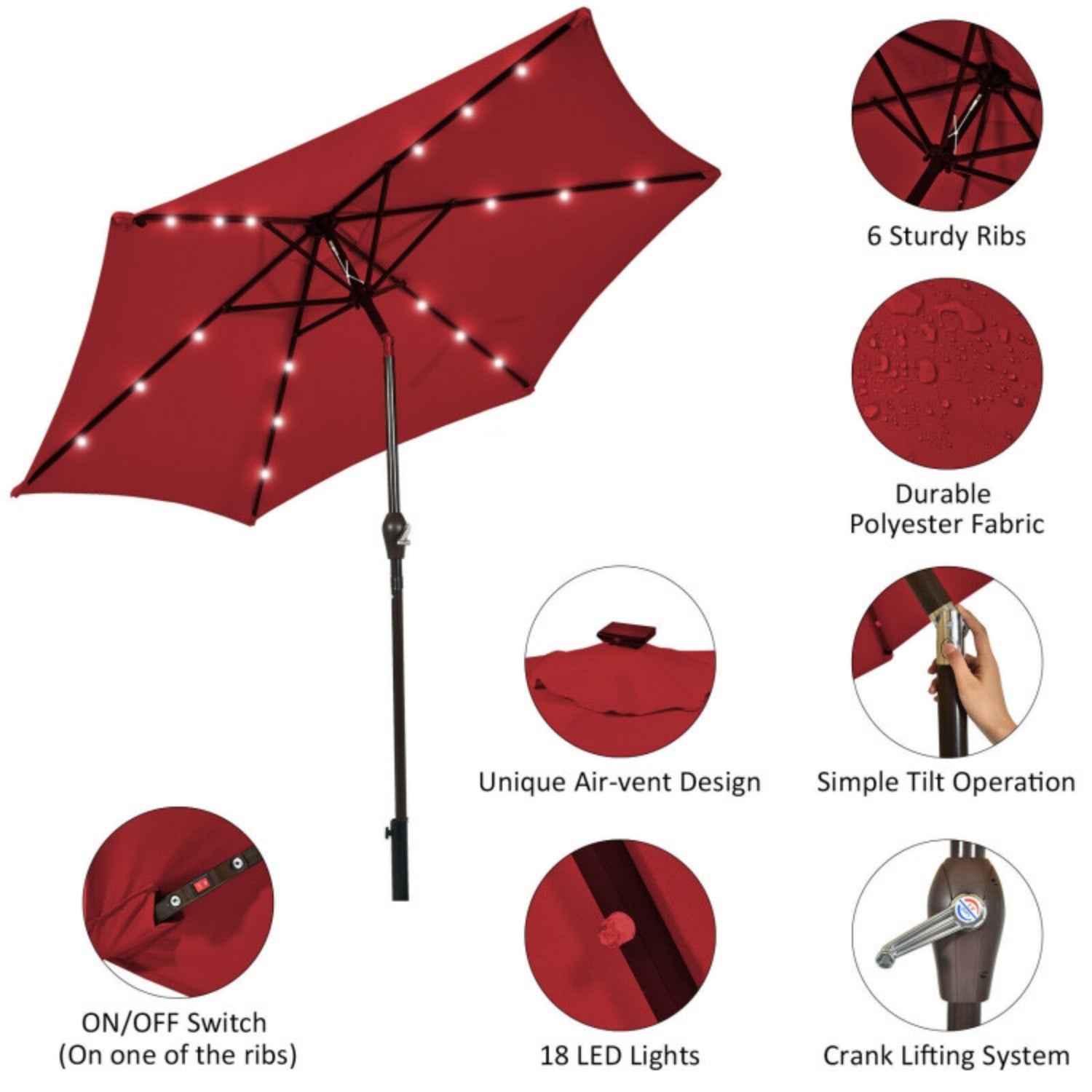 SUGIFT 9 Feet Solar LED Lighted Patio Market Umbrella Tilt Adjustment Crank,Dark Red