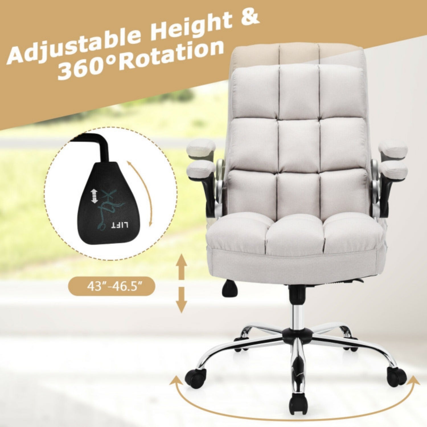 SUGIFT Adjustable Swivel Office Chair with High Back and Flip-up Arm, Beige