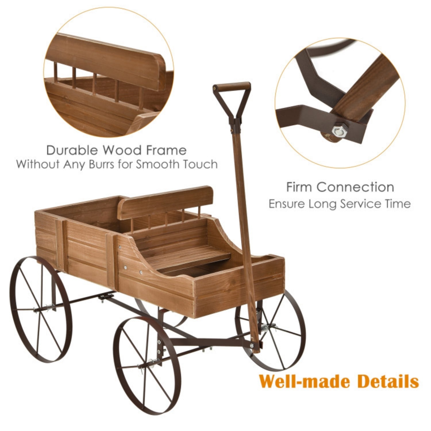 SUGIFT Wooden Wagon Plant Bed with Metal Wheels for Garden Yard, Brown