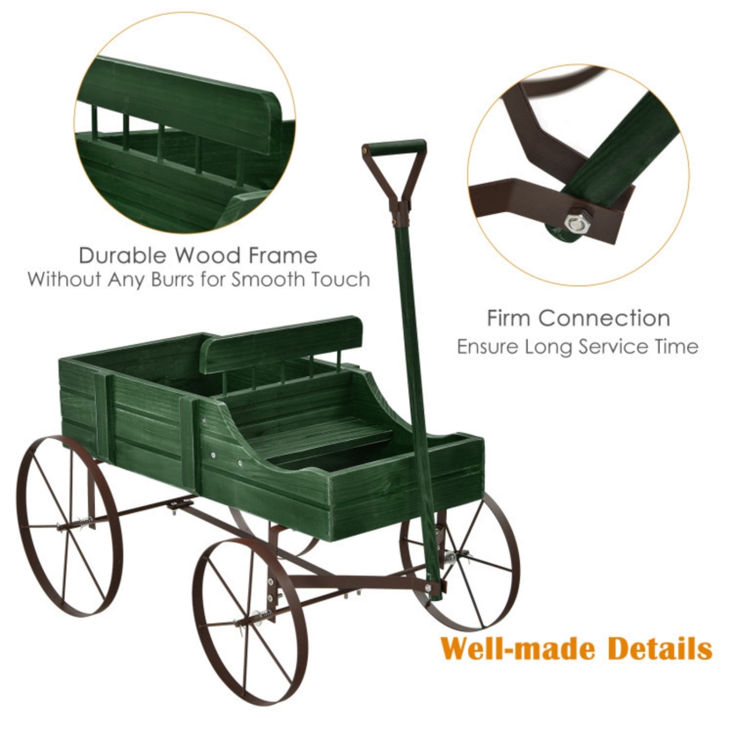 SUGIFT Wooden Wagon Plant Bed with Metal Wheels for Garden Yard, Green