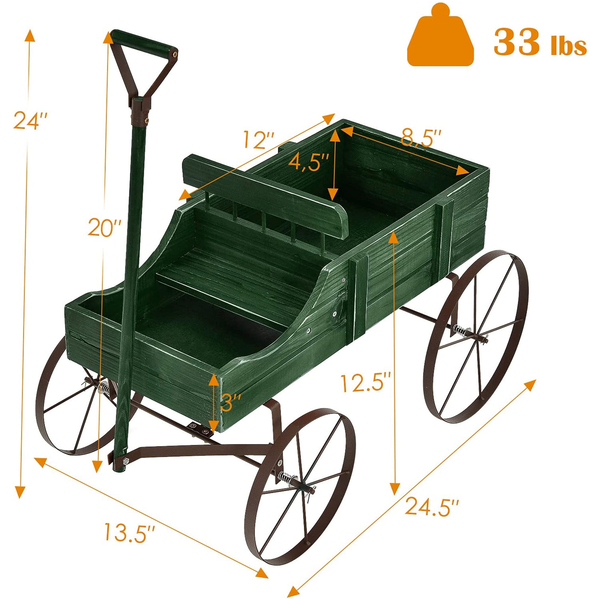 Wooden Wagon Plant Bed in Green with Metal Wheels