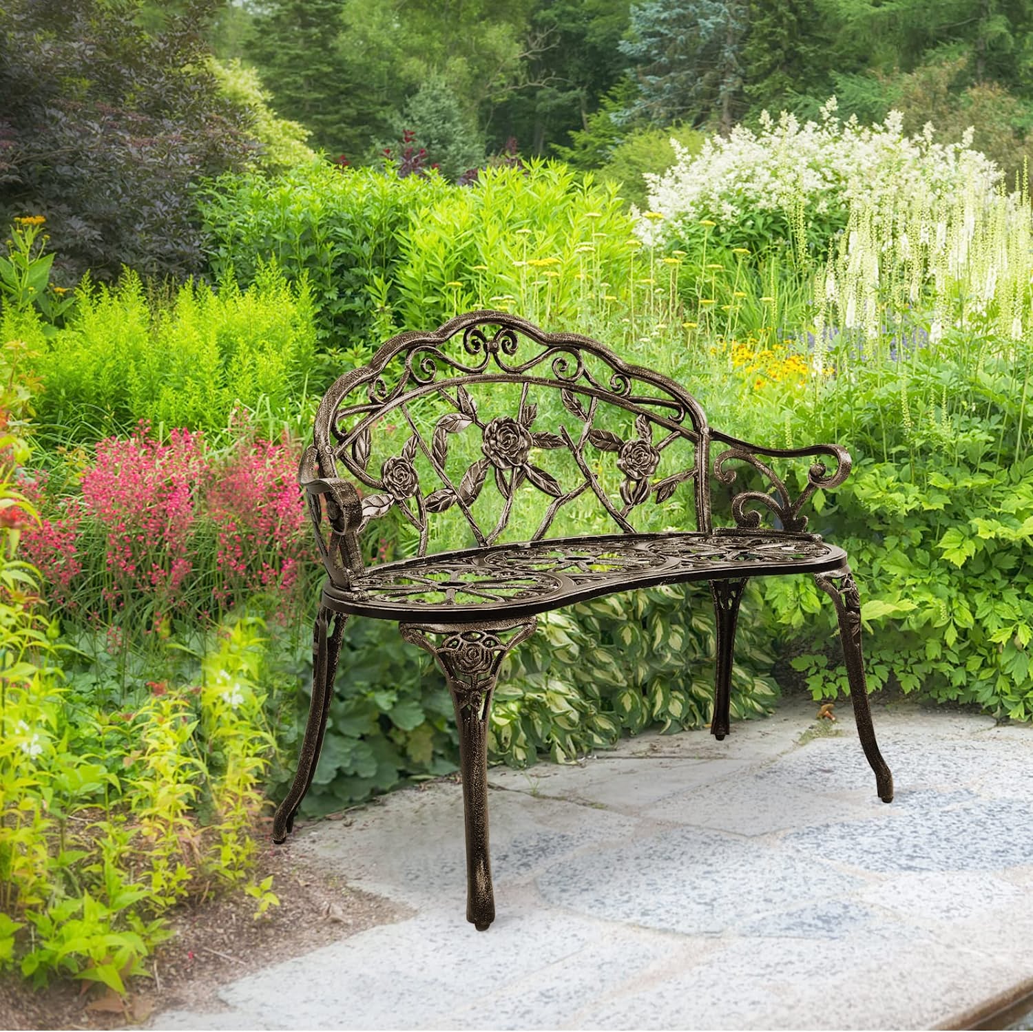 2-Person Bronze Cast Aluminum Patio Garden Outdoor Bench Chair