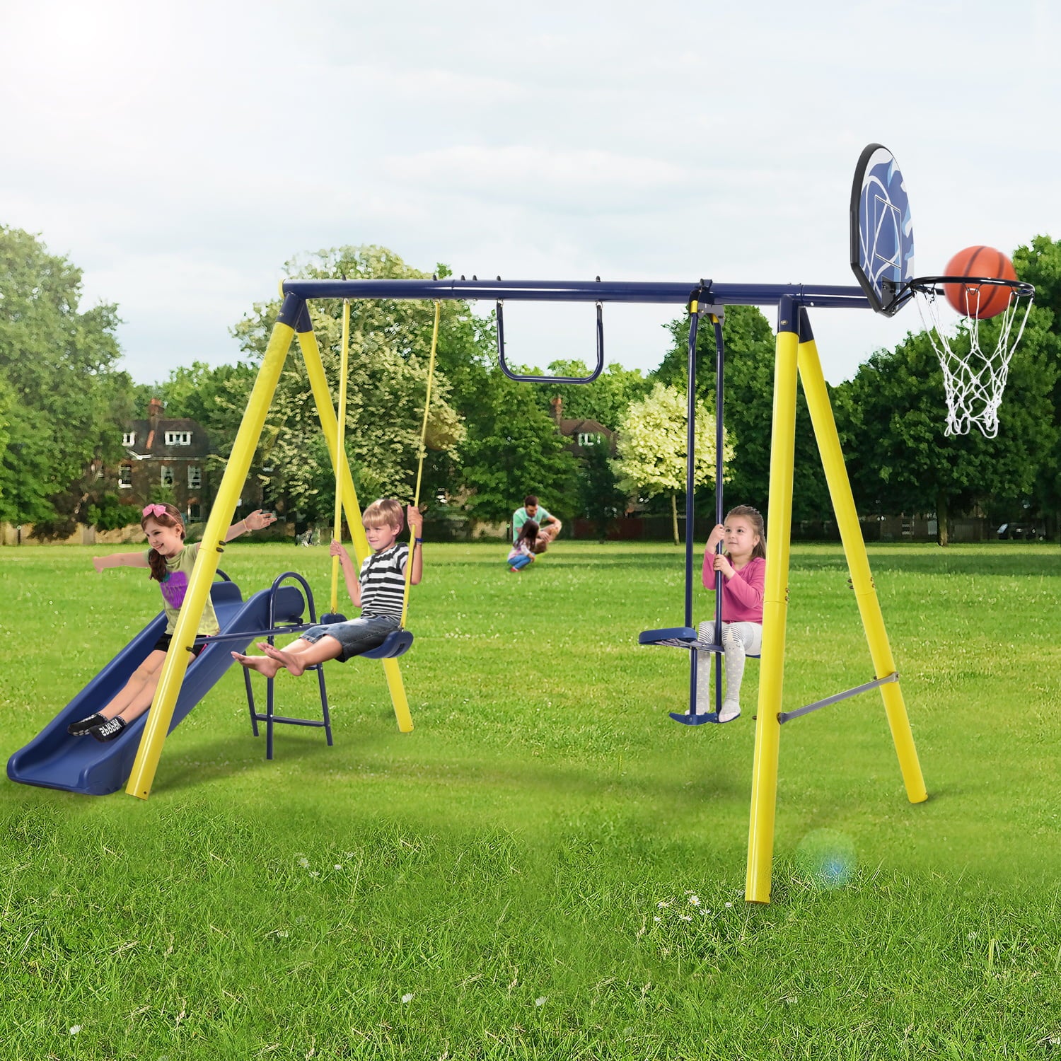 SUGIFT 5 in 1 Outdoor Toddler Swing Set Playground Swing Sets with Seesaw Swing and Basketball Hoop