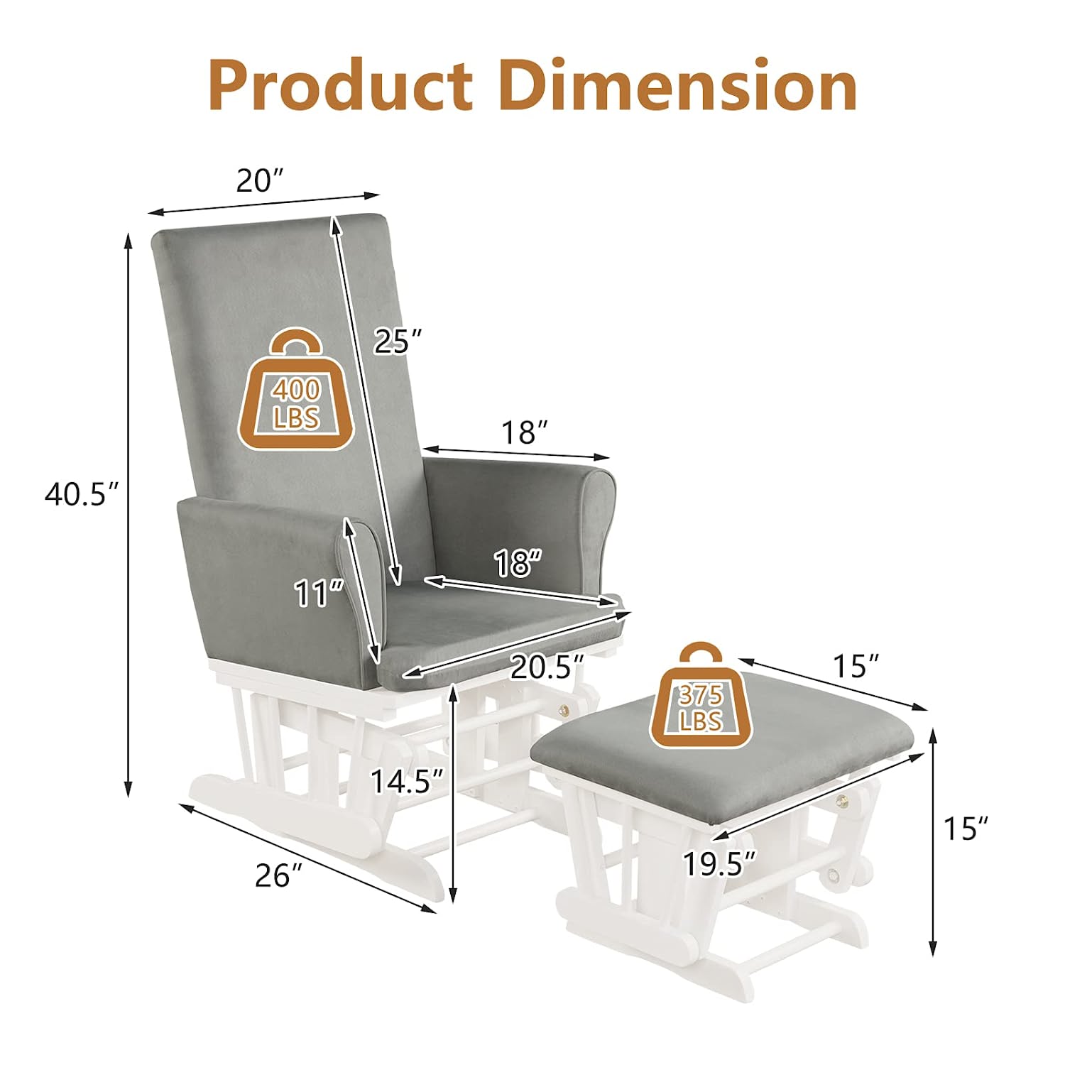 Wood Patio Baby Nursery Relax Outdoor Rocking Chair Glider and Ottoman Set in Light Gray