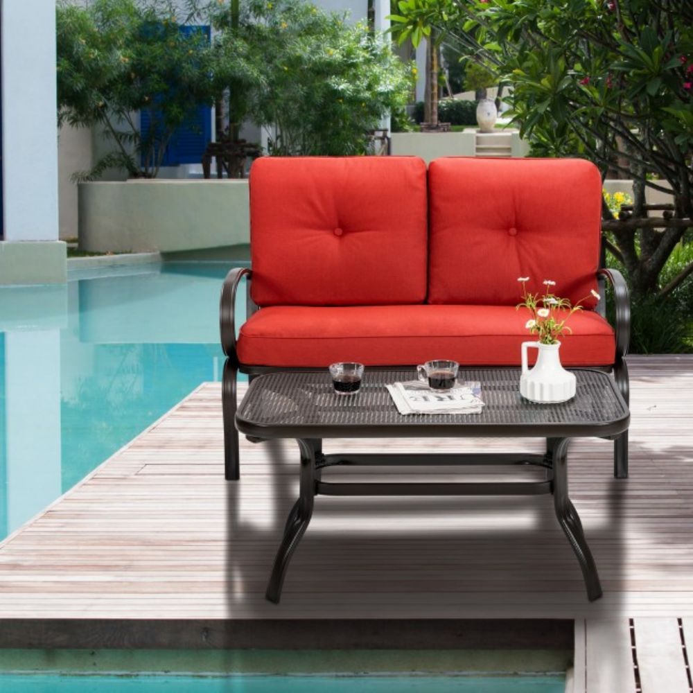 2-Piece Metal Outdoor Patio Fabric Loveseat and Table Set with Red Cushion