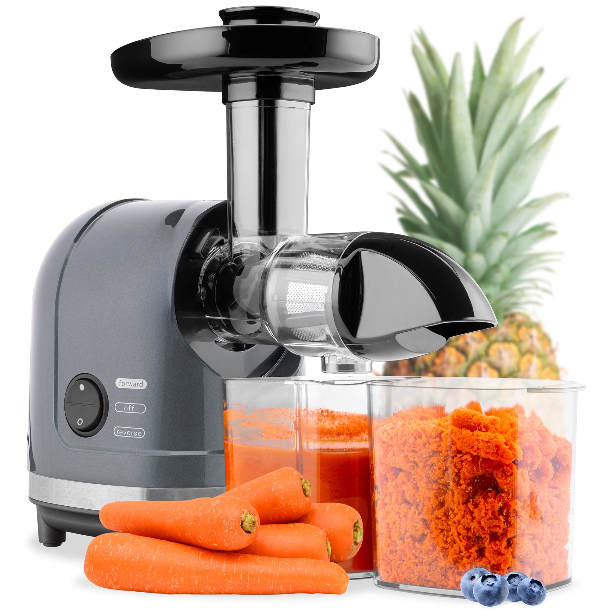 150W Horizontal Slow Masticating Juicer in Gray, Cold Press Extractor w/ Lock, Reverse Mode, Quiet Motor