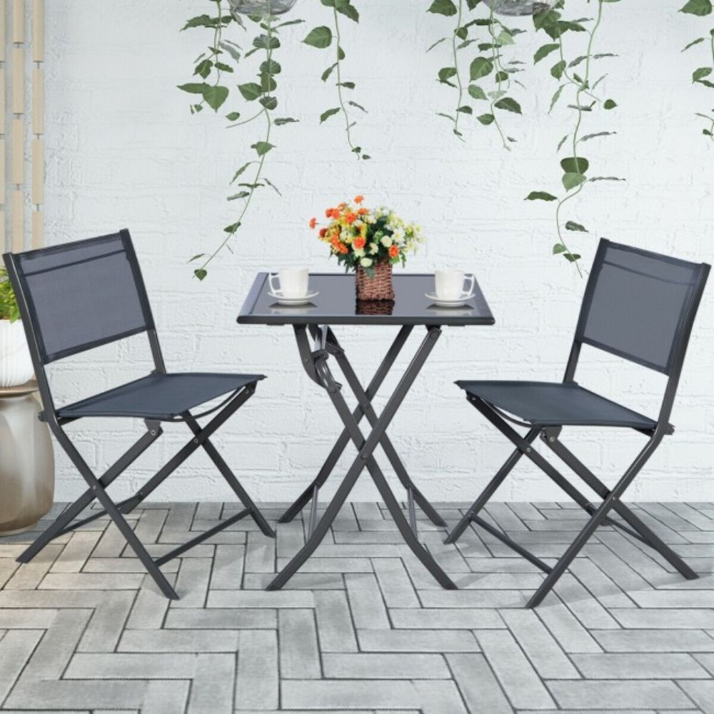 3 Piece Metal Outdoor Patio Conversation Set Garden Backyard Table Chairs Furniture Set with Folding Table