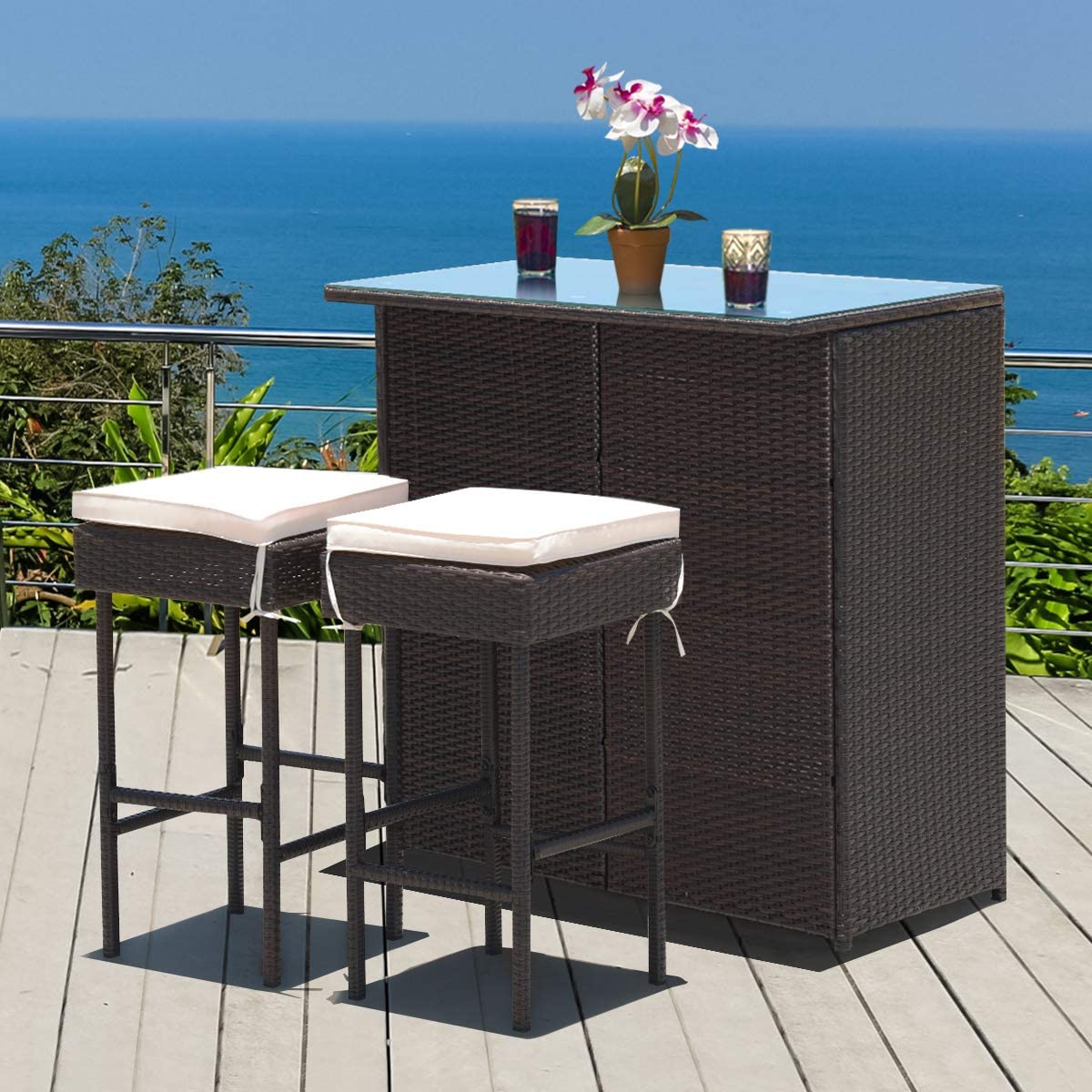 Wicker Outdoor Bar Patio Table with White Cushioned Stools (3-Pieces)