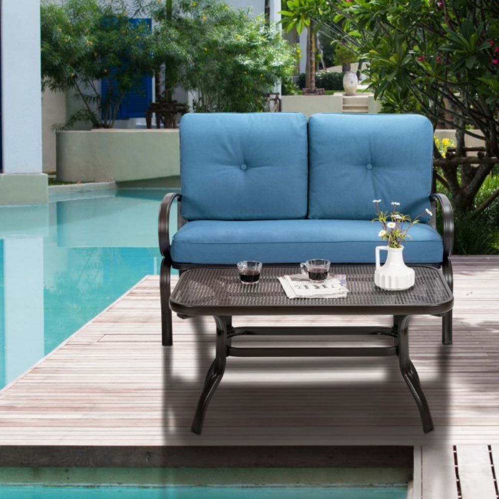 2-Piece Metal Outdoor Patio Fabric Loveseat and Table Set with Blue Cushion