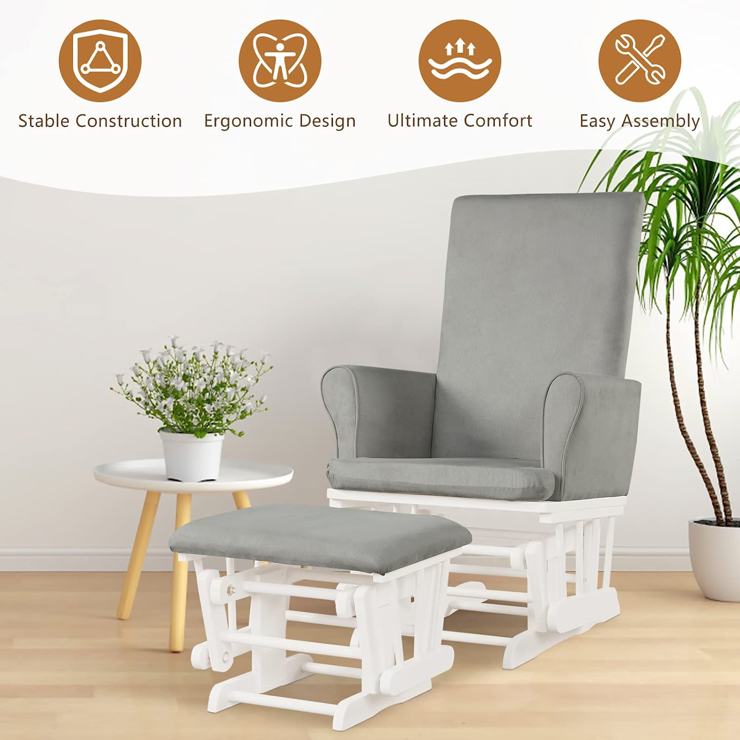 Wood Patio Baby Nursery Relax Outdoor Rocking Chair Glider and Ottoman Set in Light Gray