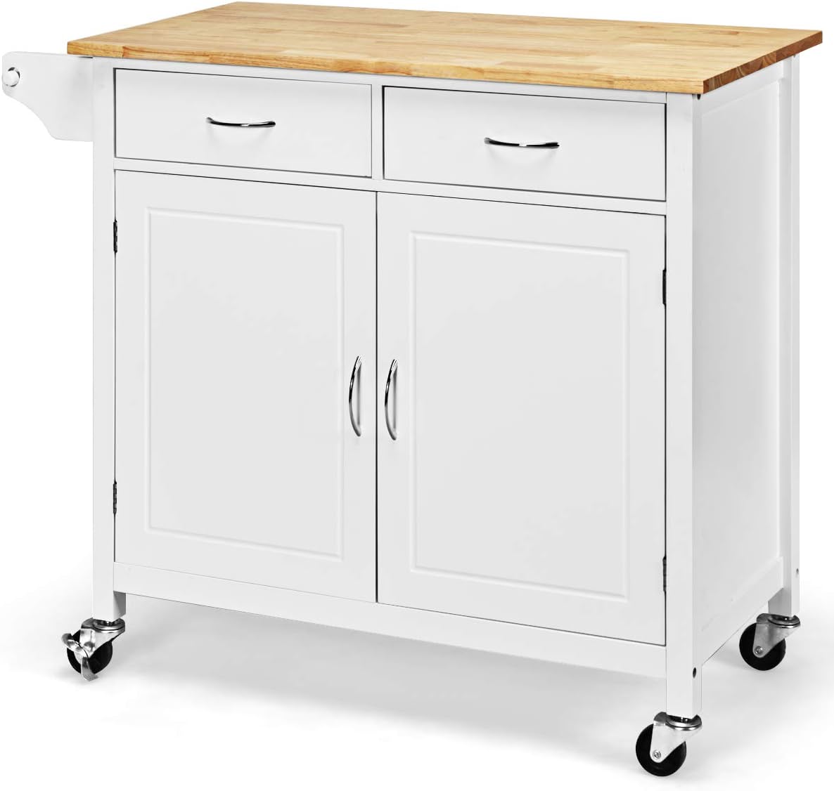 White Rolling Kitchen Cart with Towel Rack and Wood Table Top