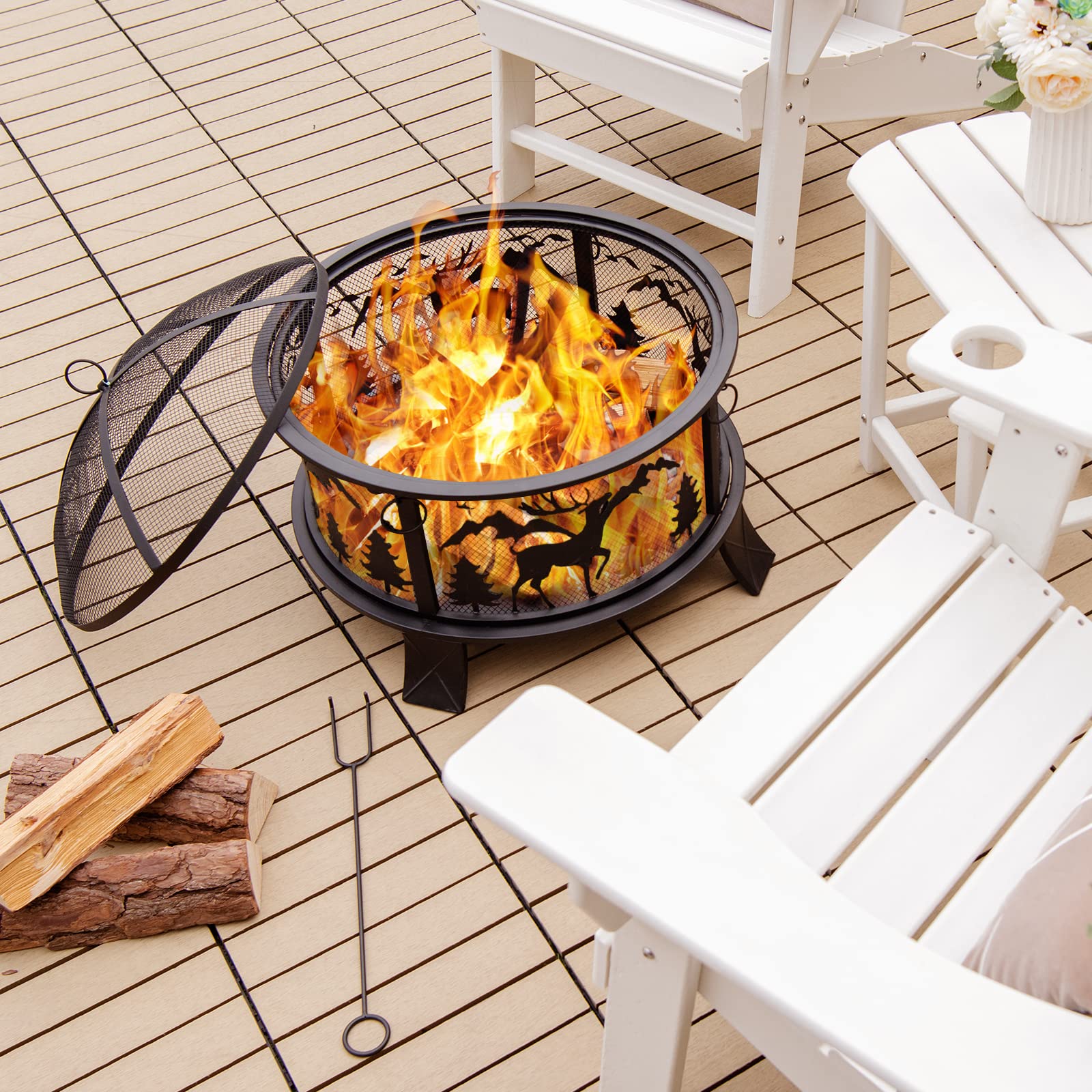 26 in. Steel Fire Pit in Black with Spark Screen and Poker