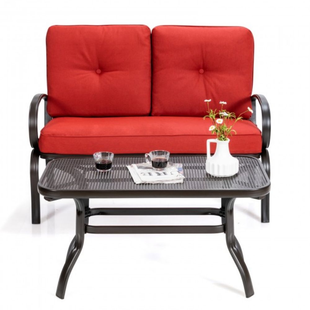 2-Piece Metal Outdoor Patio Fabric Loveseat and Table Set with Red Cushion