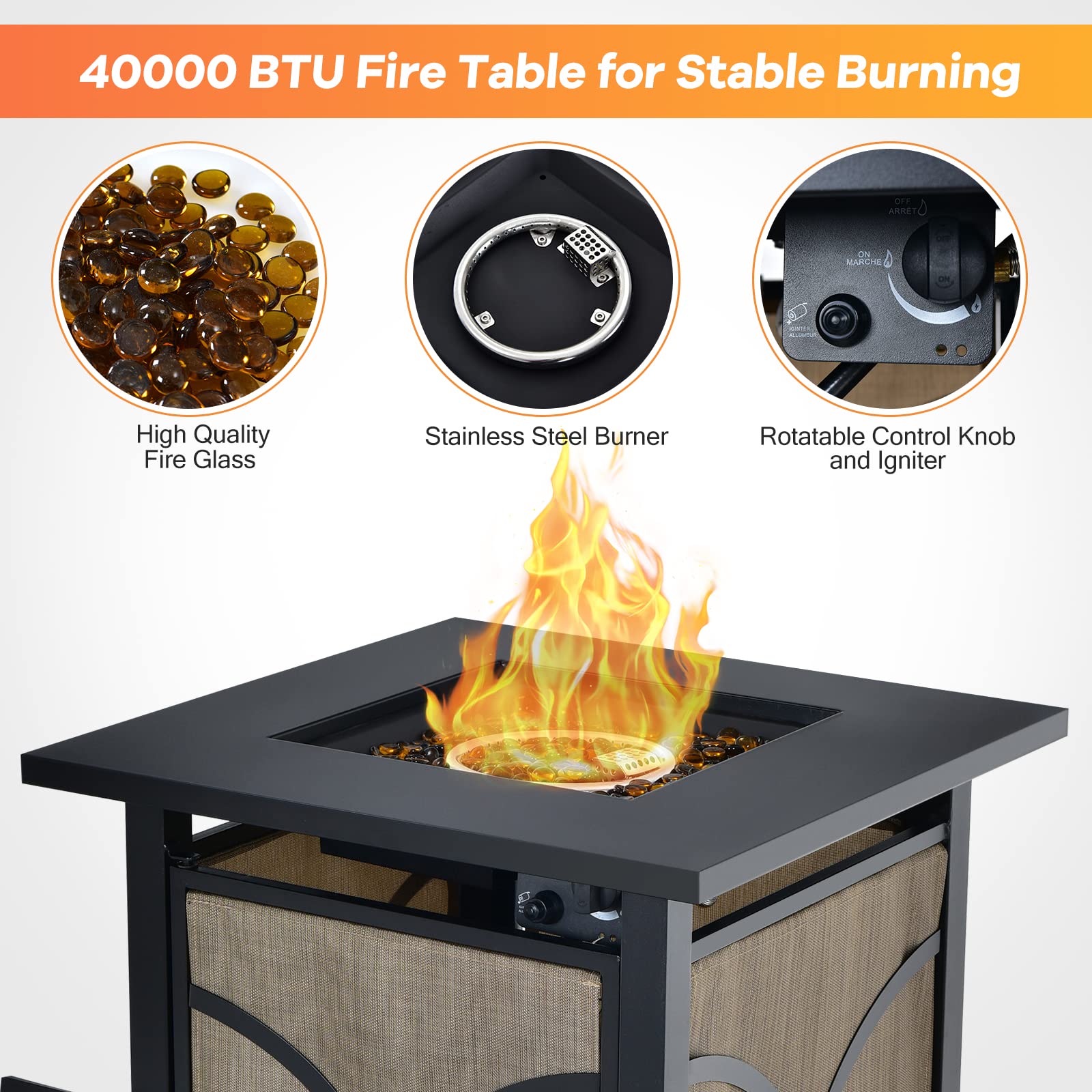 25 in. W x 25 in. H Square Steel Propane Fire Pit Table with Lid and Fire Glass