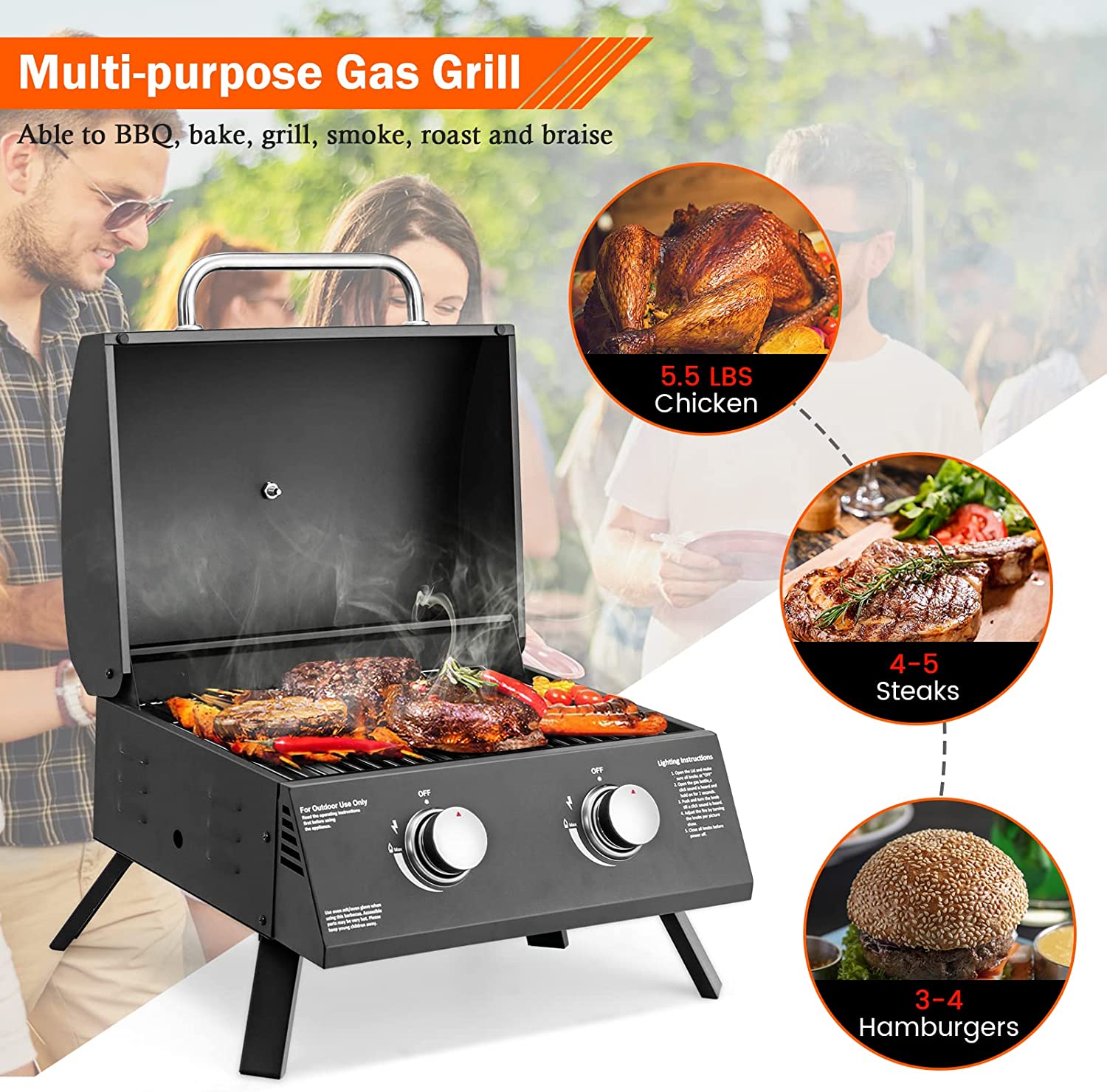 2-Burner Portable Propane Gas Table Top Grill in Black