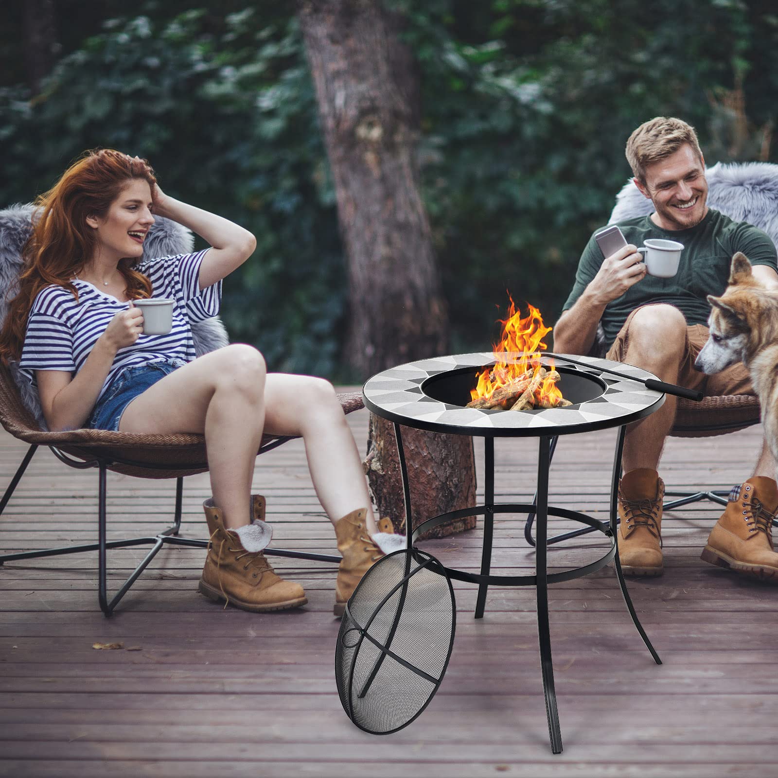 23.5 in. Round Metal Fire Pit in Black with Mesh Cover and Fire Poker