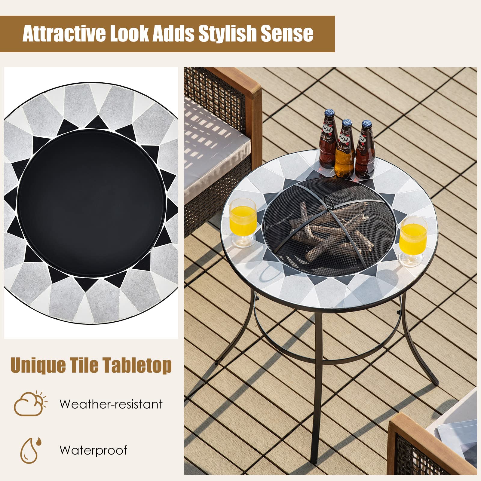 23.5 in. Round Metal Fire Pit in Black with Mesh Cover and Fire Poker