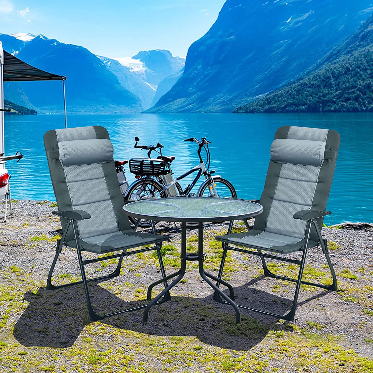 2-Pieces Patio Folding Dining Chairs set with Adjustable Backrest and Ottomans