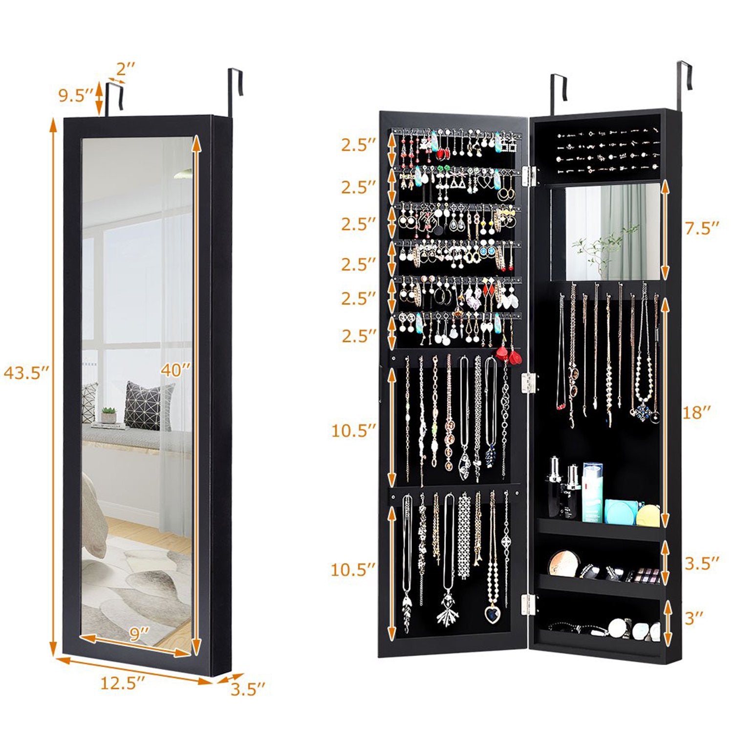 SUGIFT Wall Door Mounted Mirrored Jewelry Cabinet Storage Organizer Black