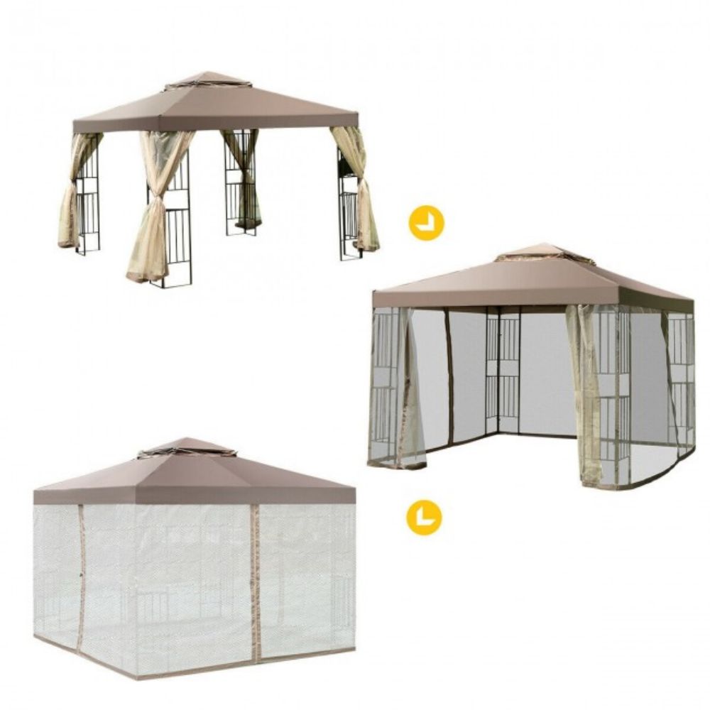 10 ft. x 10 ft. Brown 2 Tier Outdoor Patio Vented Metal Screw-Free Structure Canopy Tent with Mosquito Netting