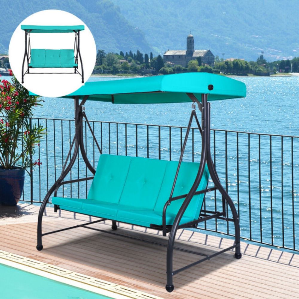 3-Person Black Metal Patio Swing with Turquoise Cushion