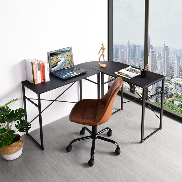 SUGIFT L-Shape Desk Computer Desk Office Table Laptop Writing Study Workstation Metal Frame,Black