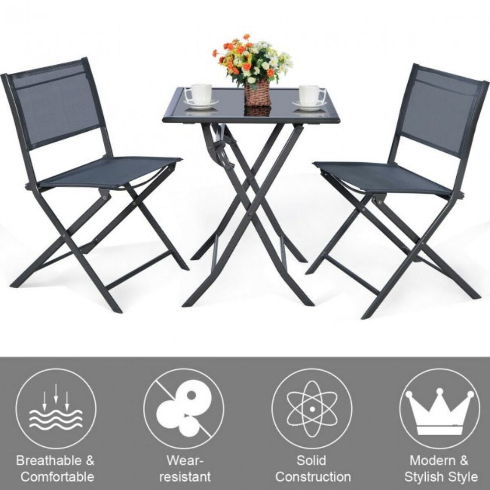 3 Piece Metal Outdoor Patio Conversation Set Garden Backyard Table Chairs Furniture Set with Folding Table