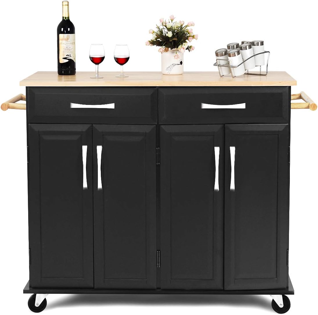 Black Rolling Kitchen Cart with Towel Rack and Wood Table Top