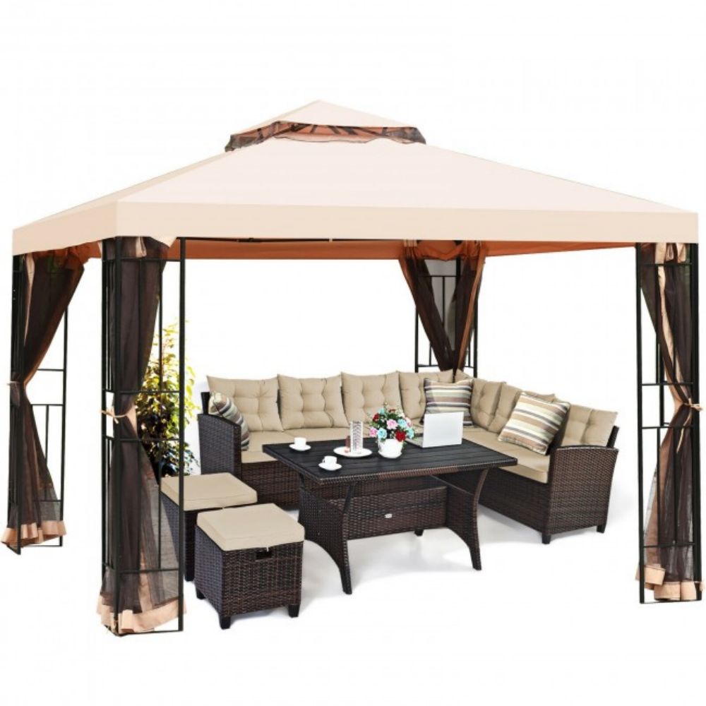 10 ft. x 10 ft. Beige 2 Tier Outdoor Patio Pop-Up Vented Metal Canopy Tent with Mosquito Netting