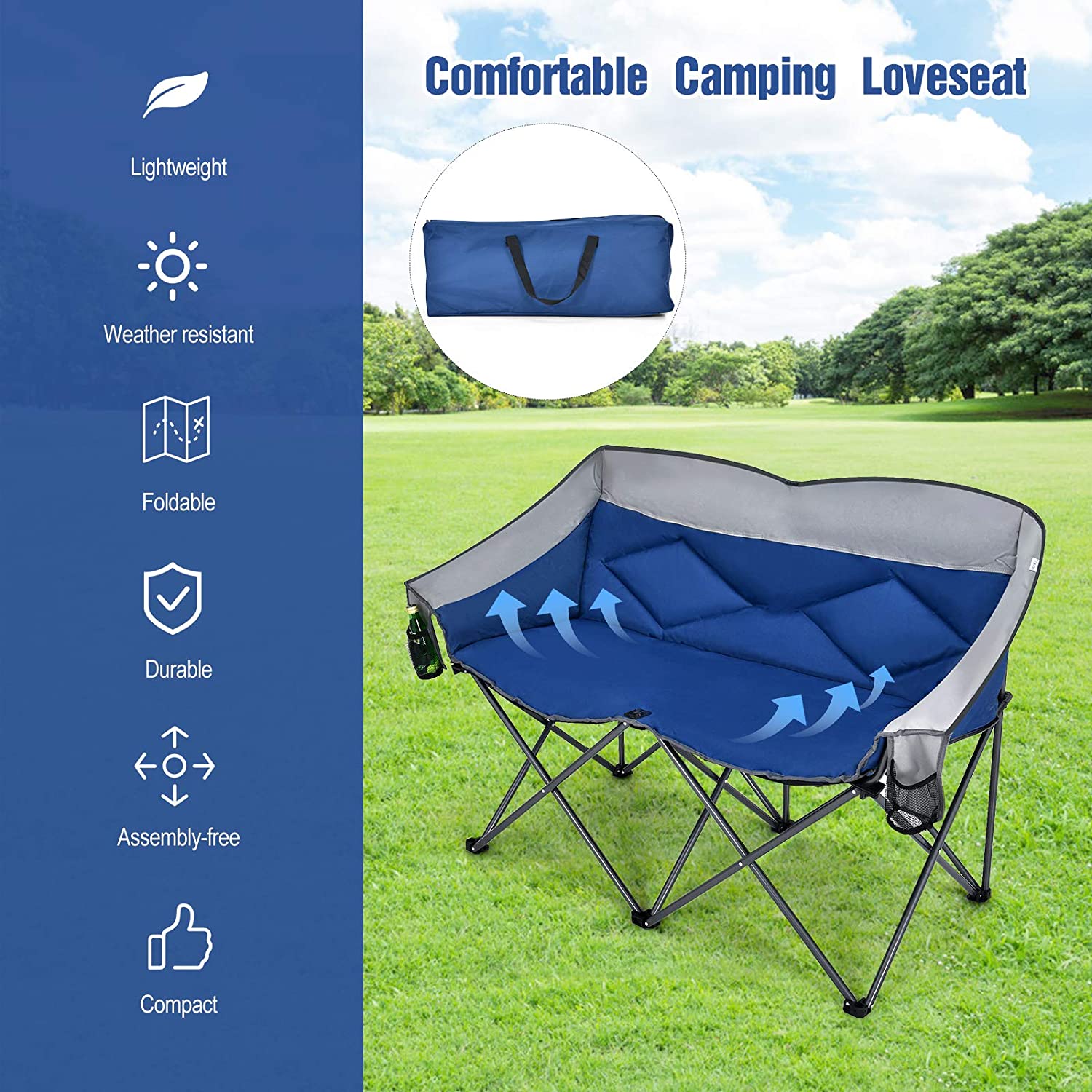 Blue Outdoor Folding Camping Loveseat Chair with Bags and Padded Backrest