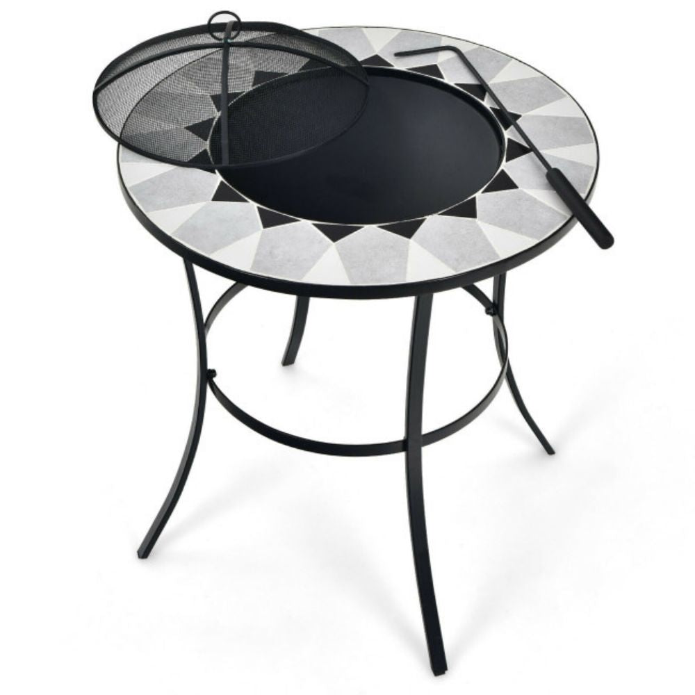 23.5 in. Outdoor Steel Fire Pit Dining Table with Mesh Cover and Fire Poker