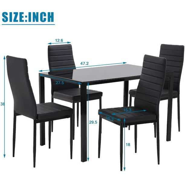 SUGIFT 5 Pieces Dining Table Set for 4, Kitchen Room Tempered Glass Dining Table, Black