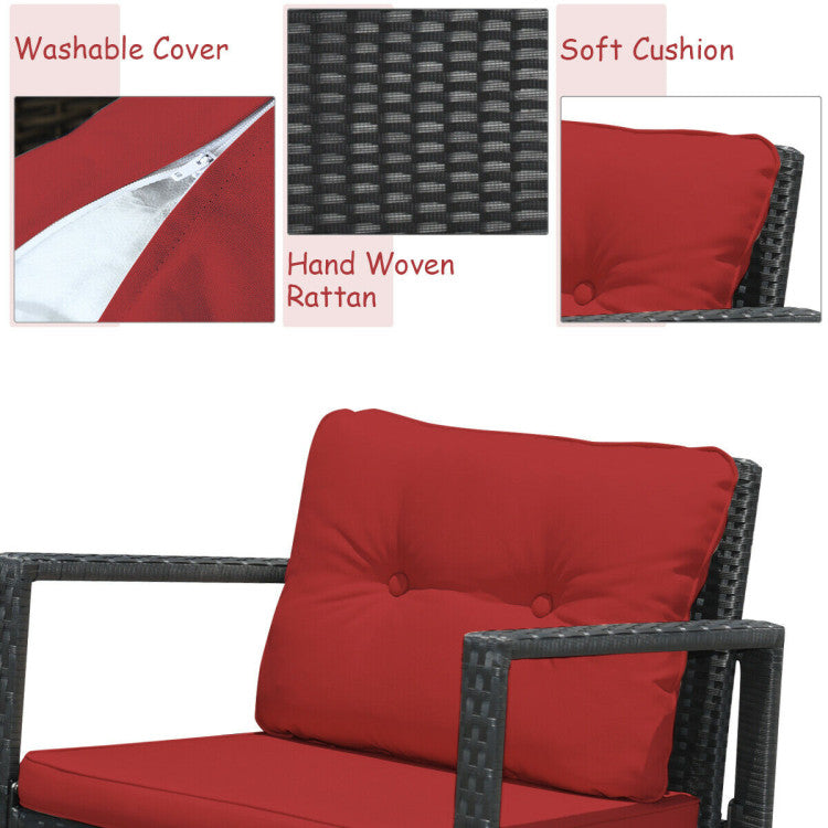 Black 3-Piece Wicker Outdoor Bistro Set with Red Cushions