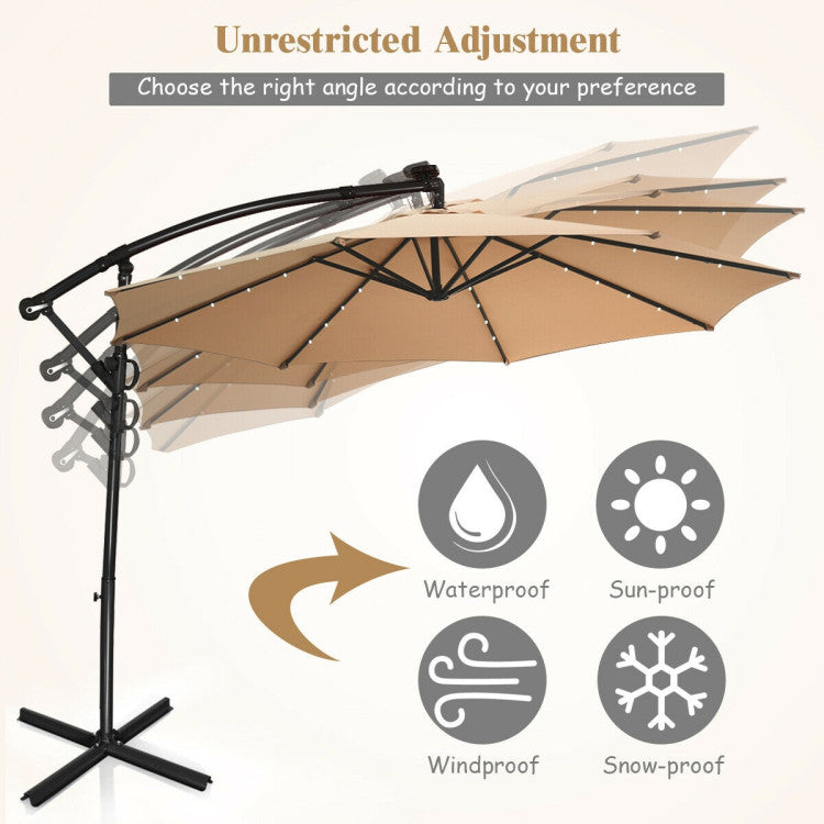 10 ft. 360-Degrees Rotation Aluminum Tilt Cantilever Patio Umbrella with LED Lights and Cross Base in Beige