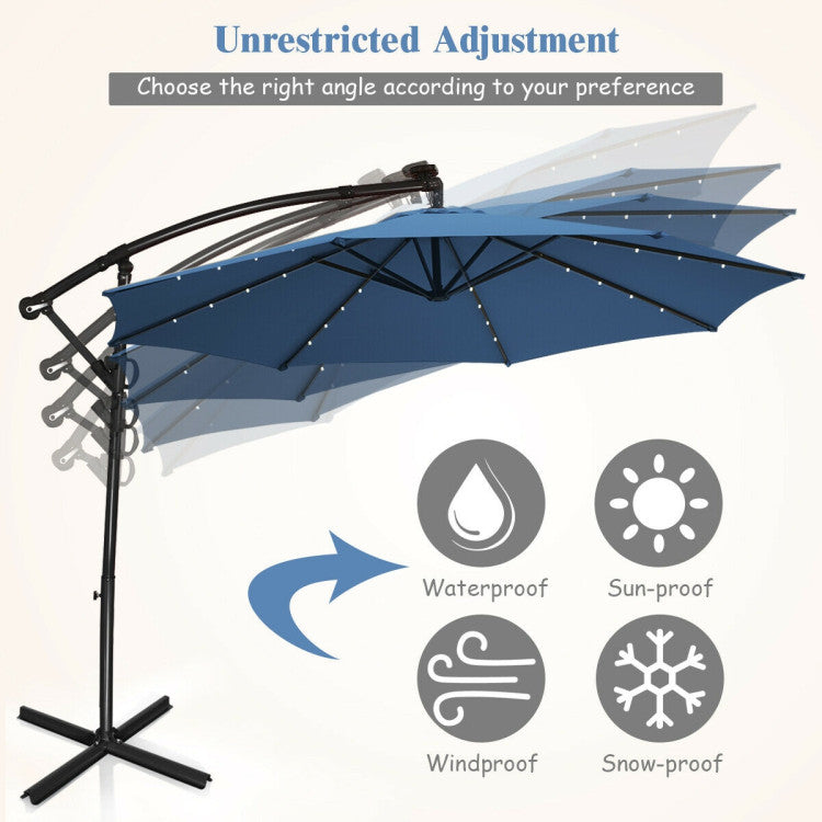 10 ft. 360-Degrees Rotation Aluminum Tilt Cantilever Patio Umbrella with LED Lights and Cross Base in Blue