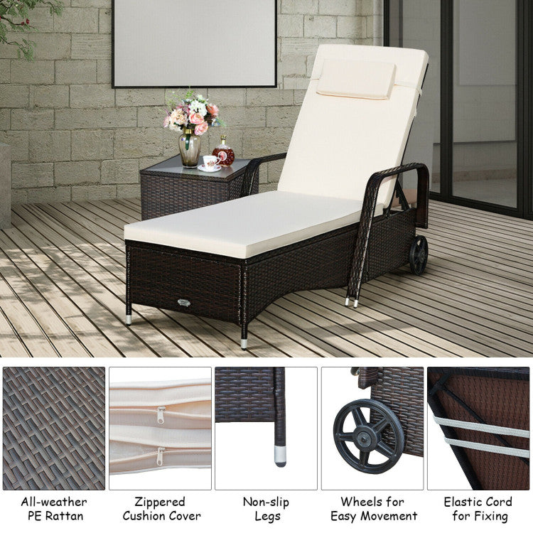 Brown Wicker Outdoor Patio Chaise Lounge with Adjustable Backrest and White Cushion