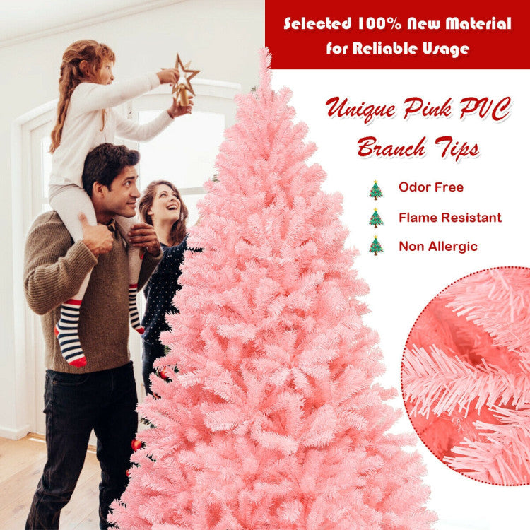 SUGIFT 6 Feet Pink Artificial Hinged Spruce Full Christmas Tree with Foldable Metal Stand