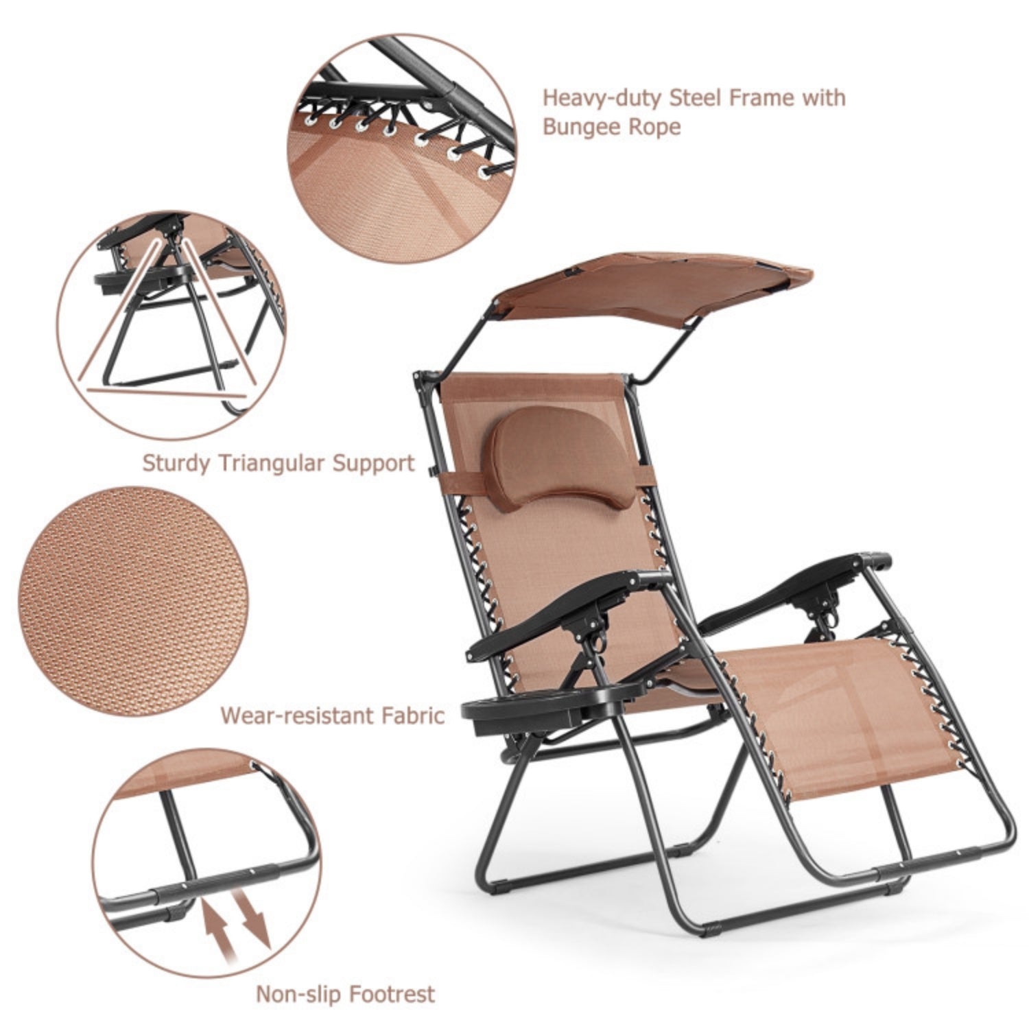 SUGIFT Folding Recliner Lounge Chair with Shade Canopy Cup Holder, Brown